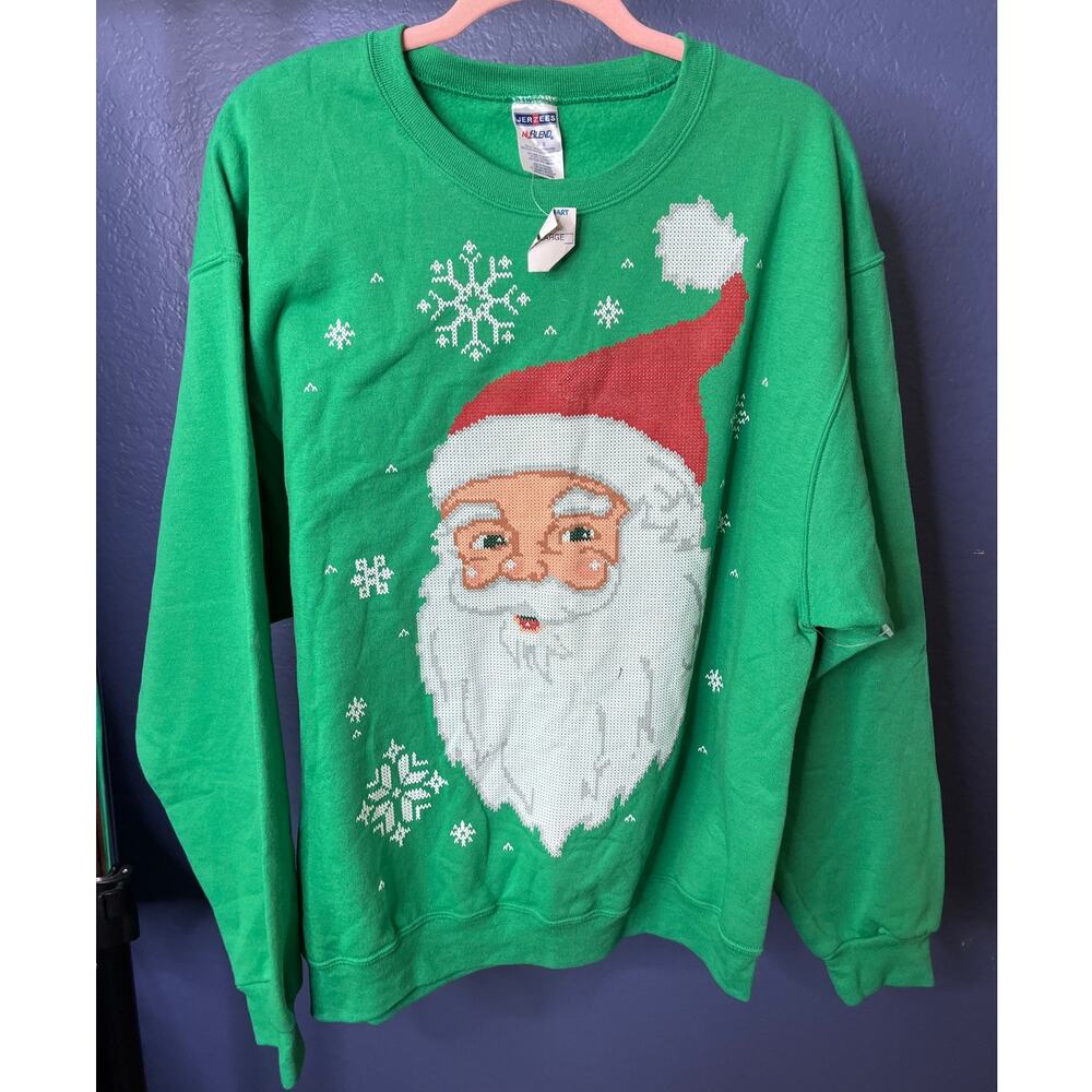Jerzees Vintage Green Cross Stitch Santa Christmas Graphic Sweatshirt Large NWT